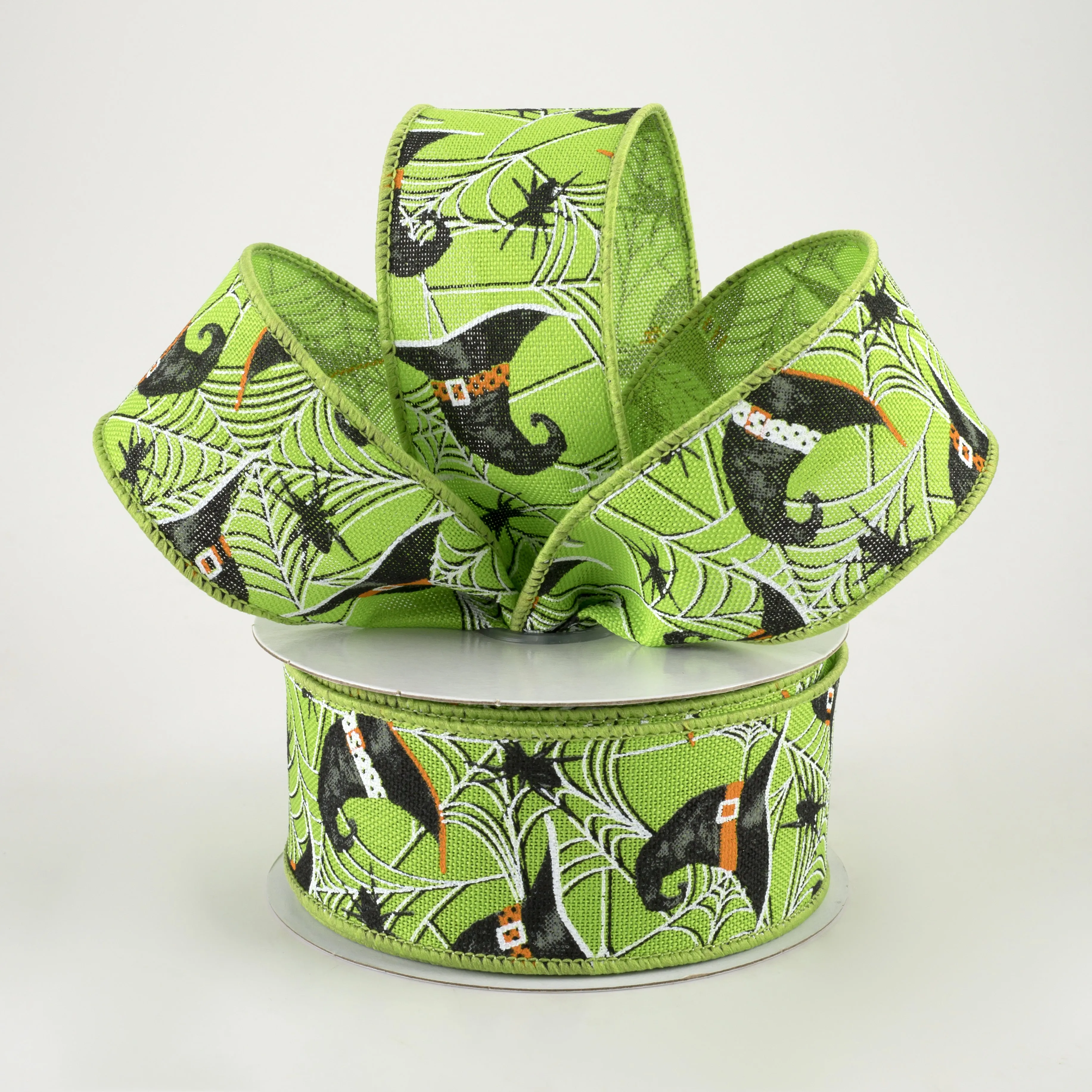 1.5" Witch Hats and Spiders Ribbon: Fresh Green (10 Yards)