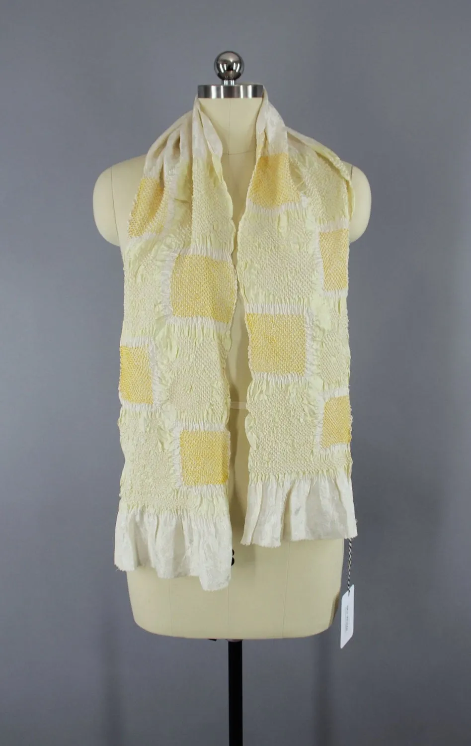 1960s Silk Kimono Obiage Scarf / Pastel Yellow Shibori