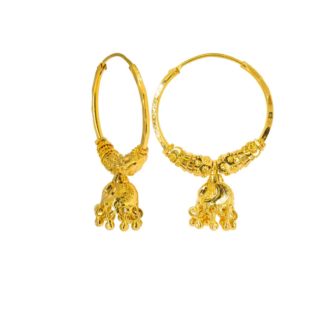 22K Yellow Gold Hoop Earrings W/ Gold Caps & Hanging Accents, 6.4 grams