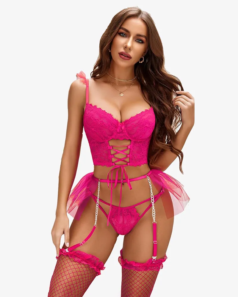 3 Pcs Bra and Panty Sets With Mesh Mini Skirts