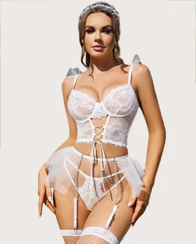 3 Pcs Bra and Panty Sets With Mesh Mini Skirts