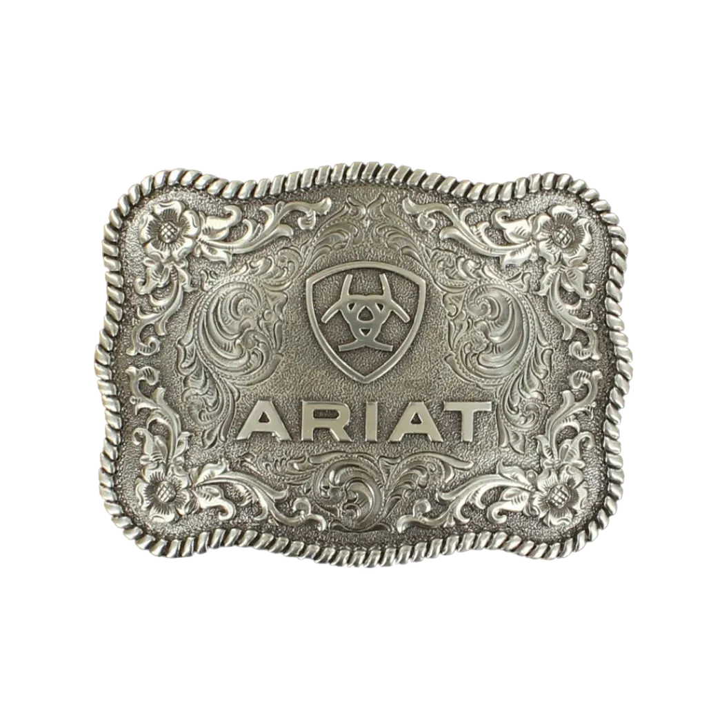 Ariat Rectangle Rope Edge Silver Logo Belt Buckle A37006