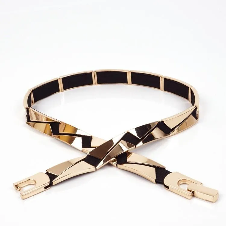 Elastic Metallic Mirror Gold Black Tone Thin Waist Belt