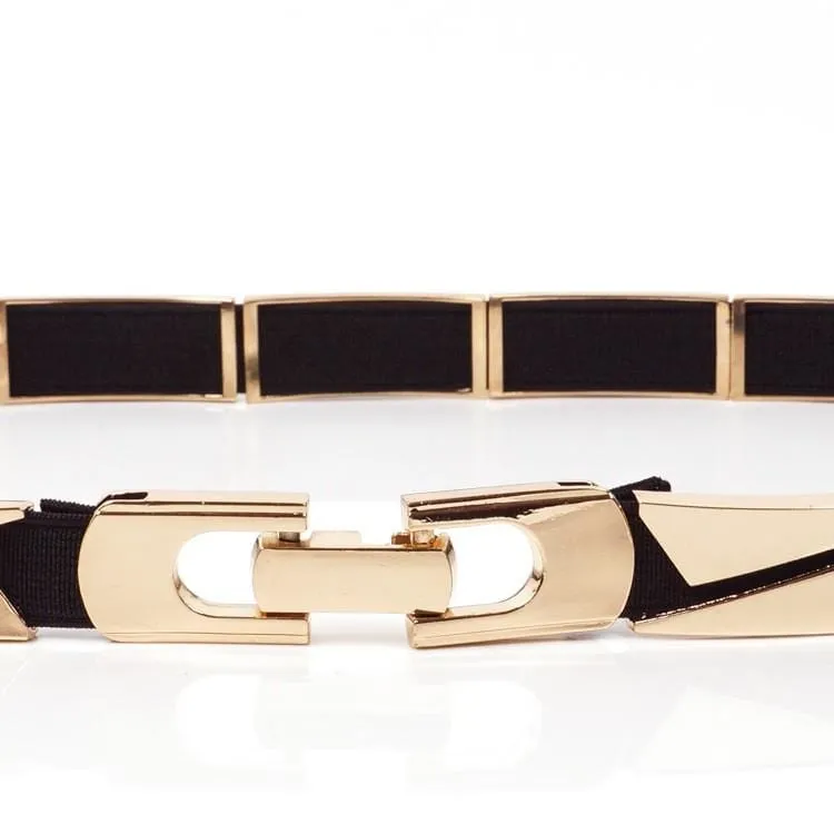 Elastic Metallic Mirror Gold Black Tone Thin Waist Belt