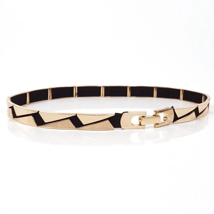 Elastic Metallic Mirror Gold Black Tone Thin Waist Belt