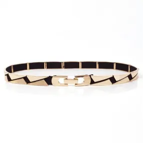 Elastic Metallic Mirror Gold Black Tone Thin Waist Belt