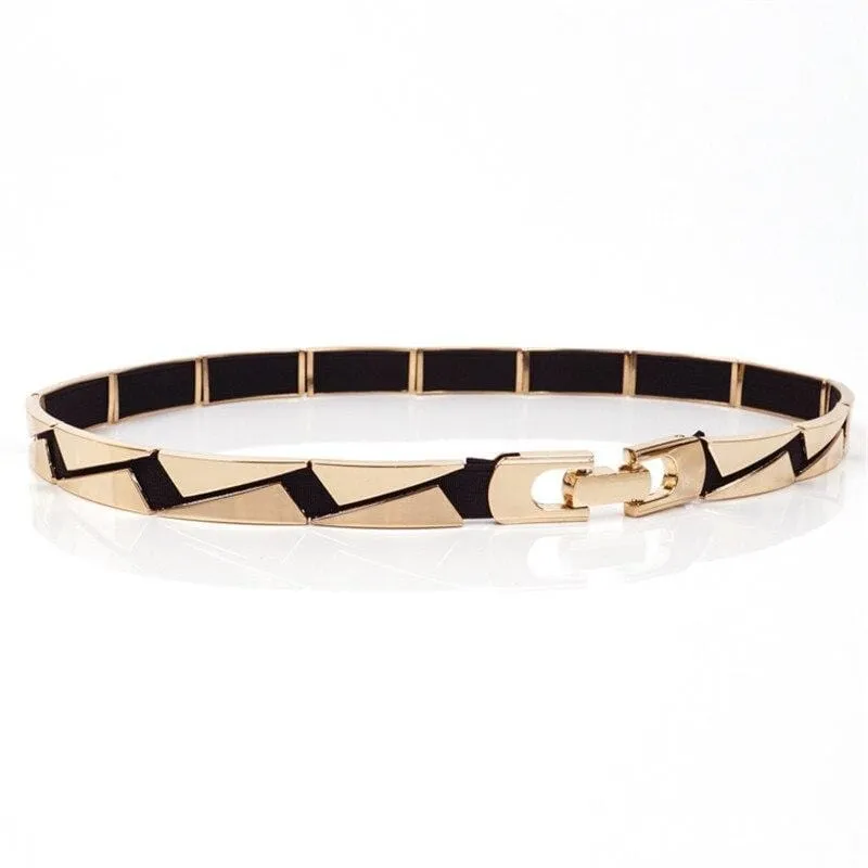 Elastic Metallic Mirror Gold Black Tone Thin Waist Belt