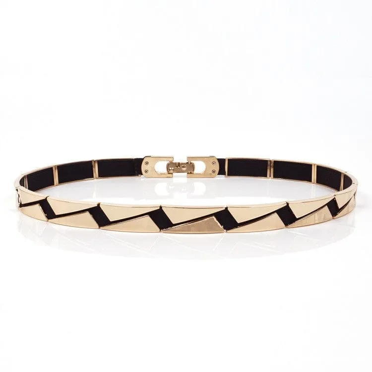 Elastic Metallic Mirror Gold Black Tone Thin Waist Belt