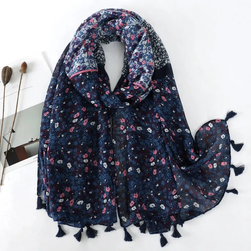 Flower Print Wrap Scarf with Tassel for Spring and Summer