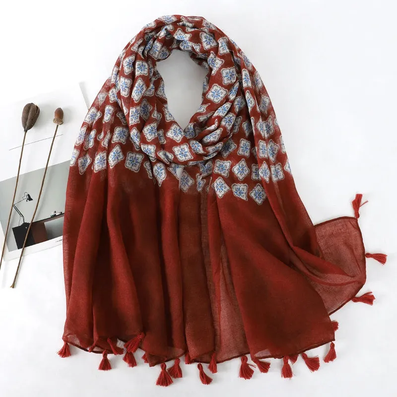 Flower Print Wrap Scarf with Tassel for Spring and Summer