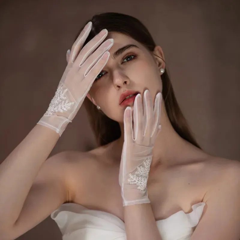 Flytonn-Wedding Events Accessories Thin Embroidery Lace Bridal Gloves 2023