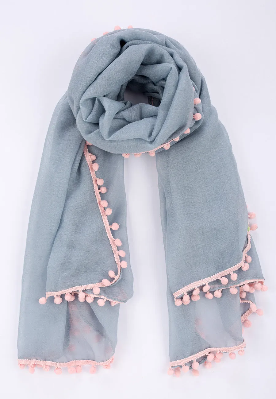 GREY SCARF WITH LIGHT PINK POM POM TRIM