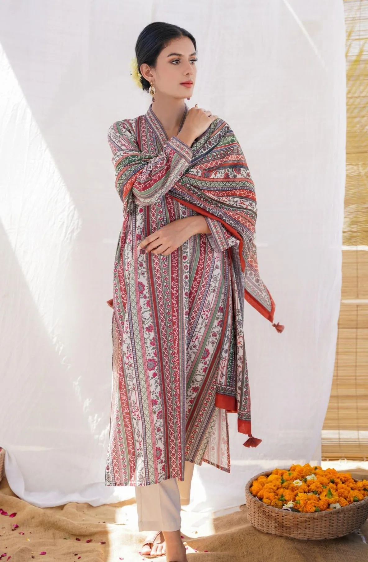 Gulistan Stripes Dupatta - Brick Red