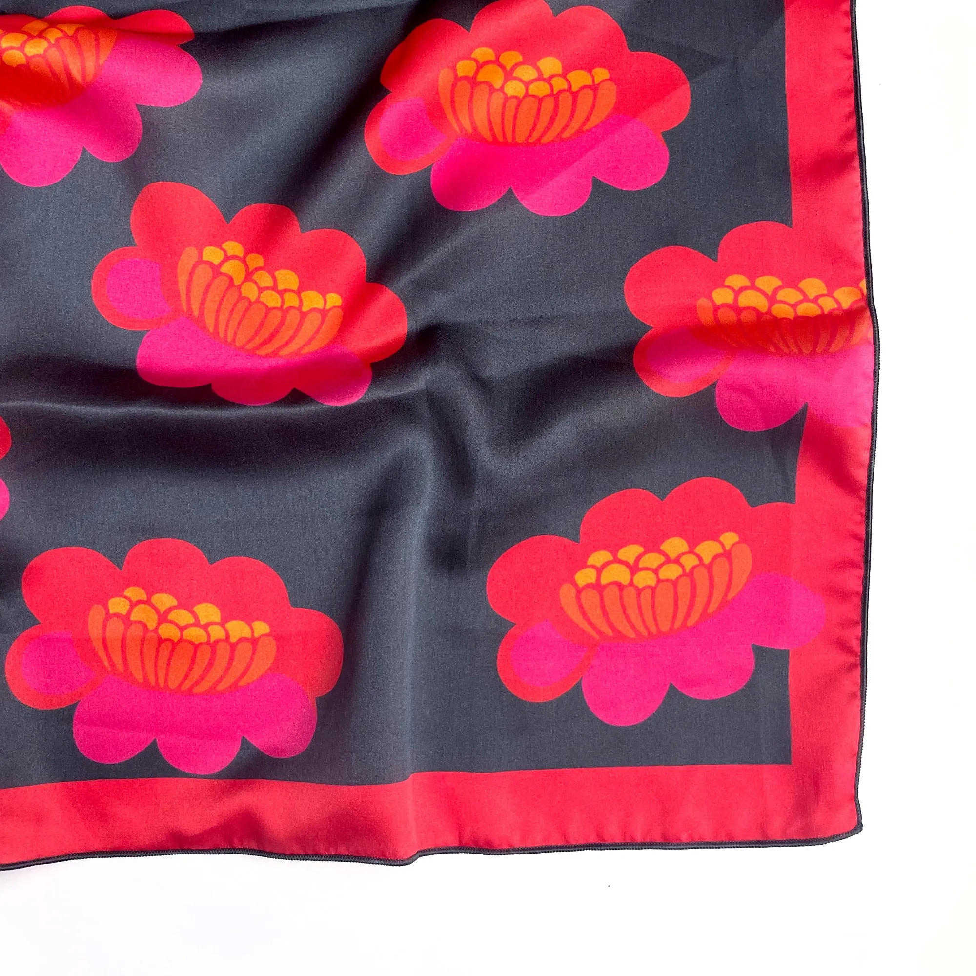 Hana - Japanese-inspired floral silk scarf in red, pink and navy blue