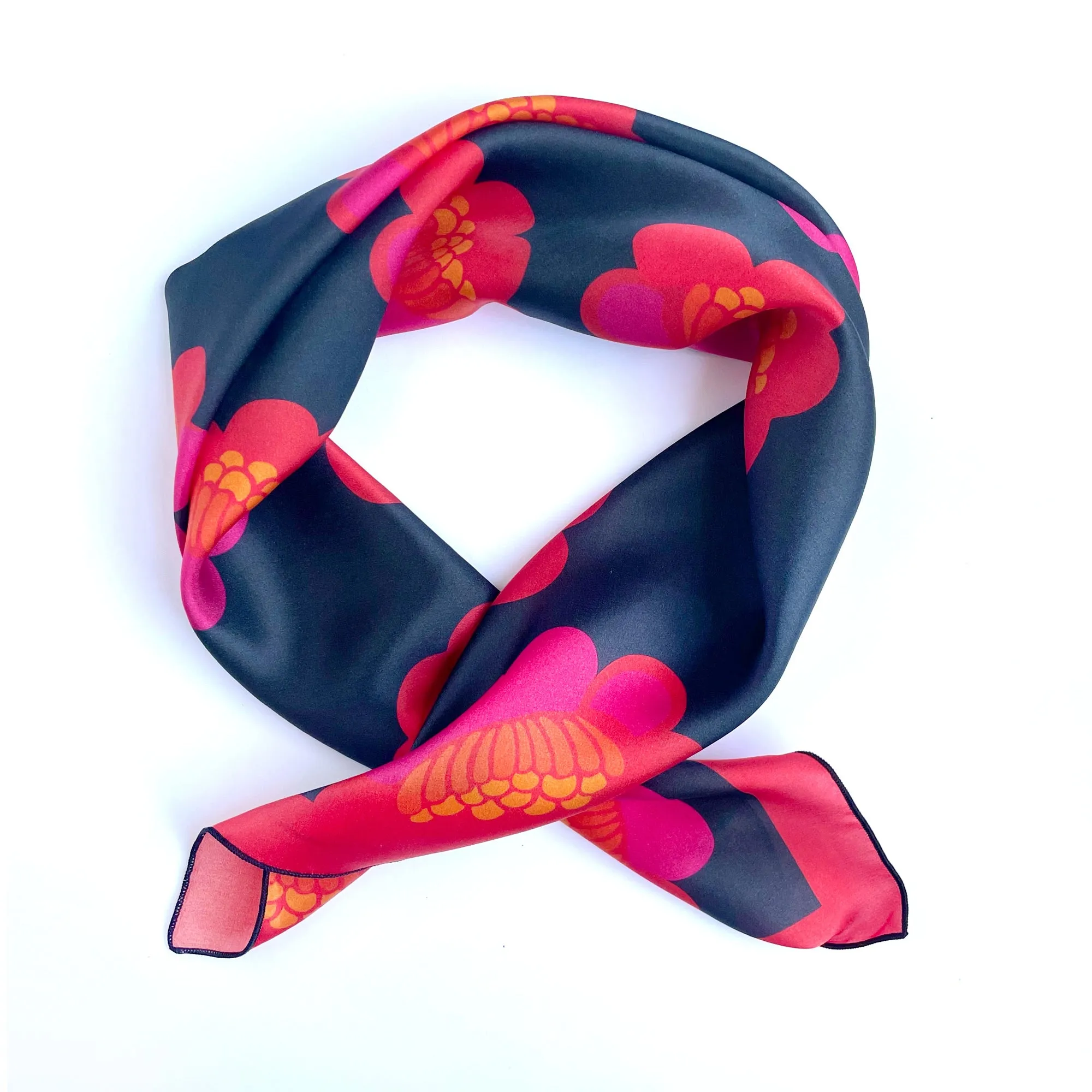 Hana - Japanese-inspired floral silk scarf in red, pink and navy blue