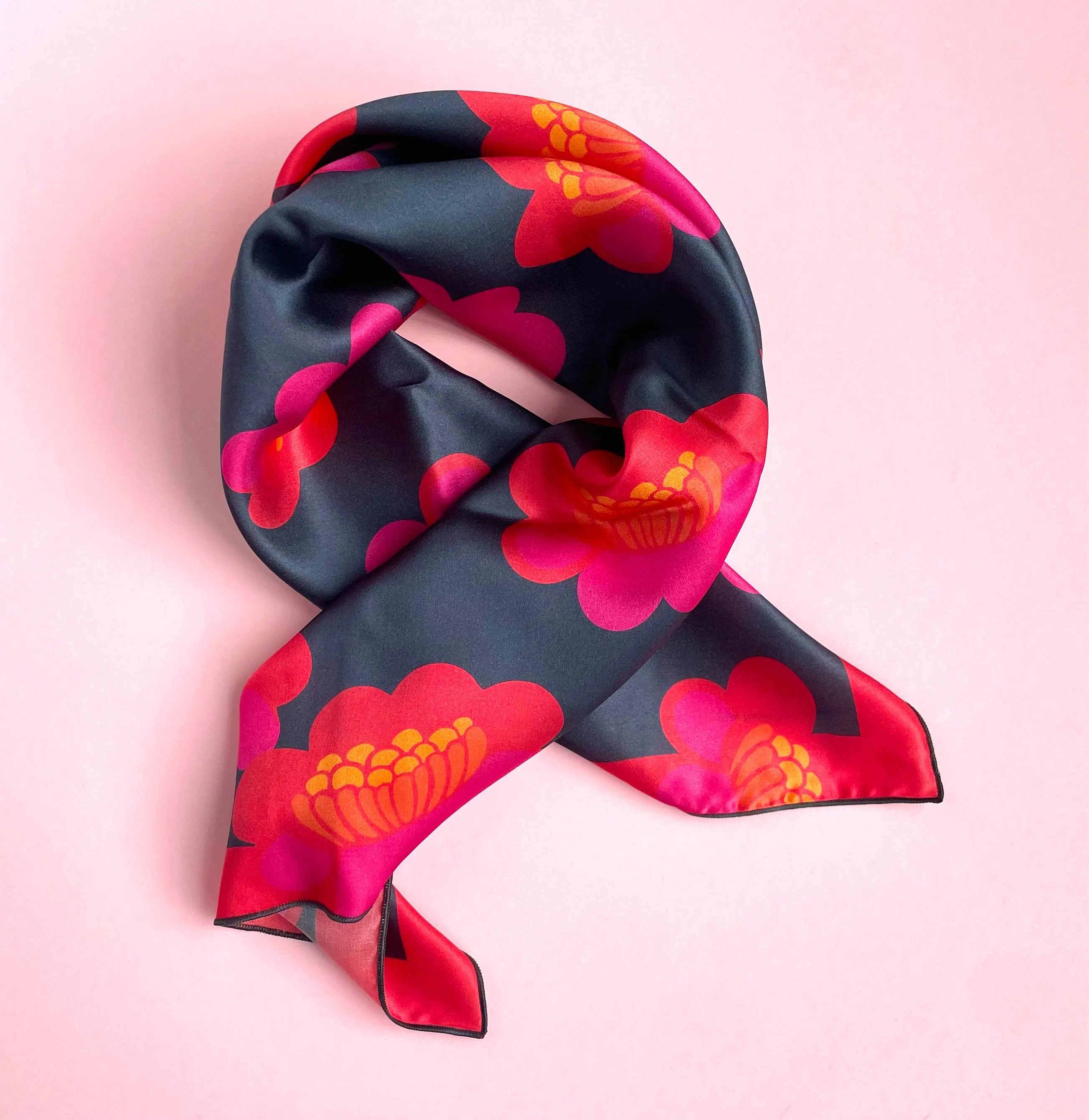 Hana - Japanese-inspired floral silk scarf in red, pink and navy blue