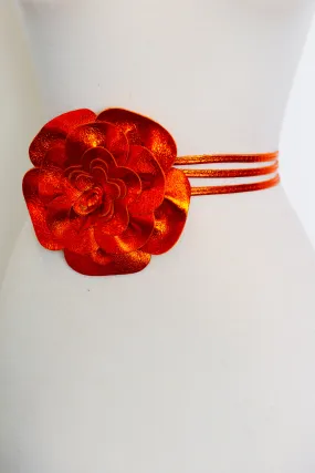 Metallic Italian Leather Flower Belt (Tangerine)