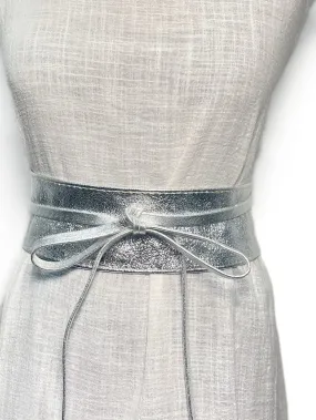 Metallic Silver Obi belt soft genuine leather wrap belt | Wide waist belt in genuine leather | Genunine leather wrap around boho dress belt