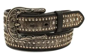 MF Western Ariat Western Womens Belt Leather Rhinestones Studded Metallic Black Style A1529901