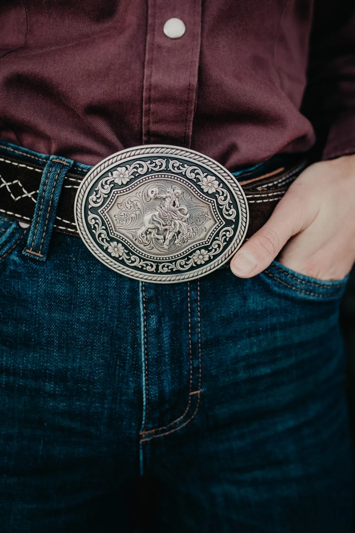 Oval Nocona Black & Silver Bronc Rider Buckle