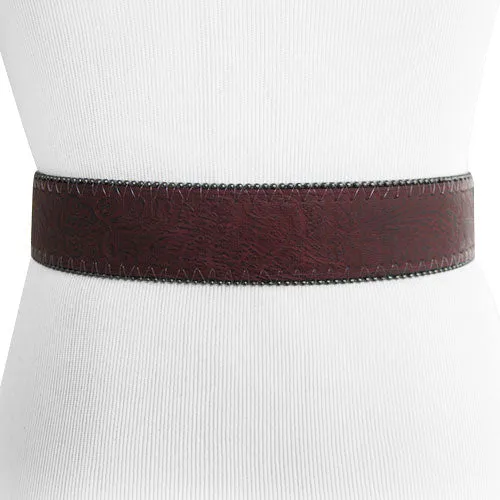 Patterned Burgundy Genuine Leather Belt with Black Rhinestone Buckle and Metallic Beaded Edges