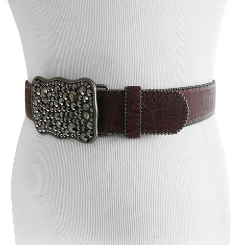 Patterned Burgundy Genuine Leather Belt with Black Rhinestone Buckle and Metallic Beaded Edges