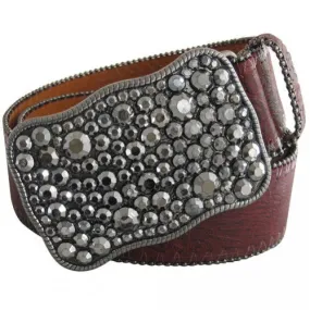 Patterned Burgundy Genuine Leather Belt with Black Rhinestone Buckle and Metallic Beaded Edges