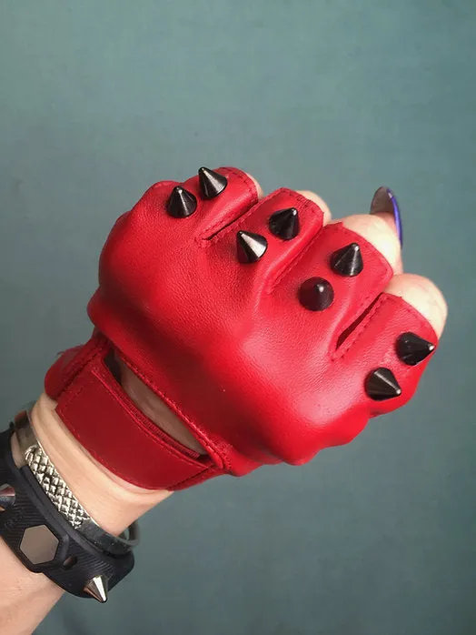 Red Leather Gloves with 2 Black Spikes