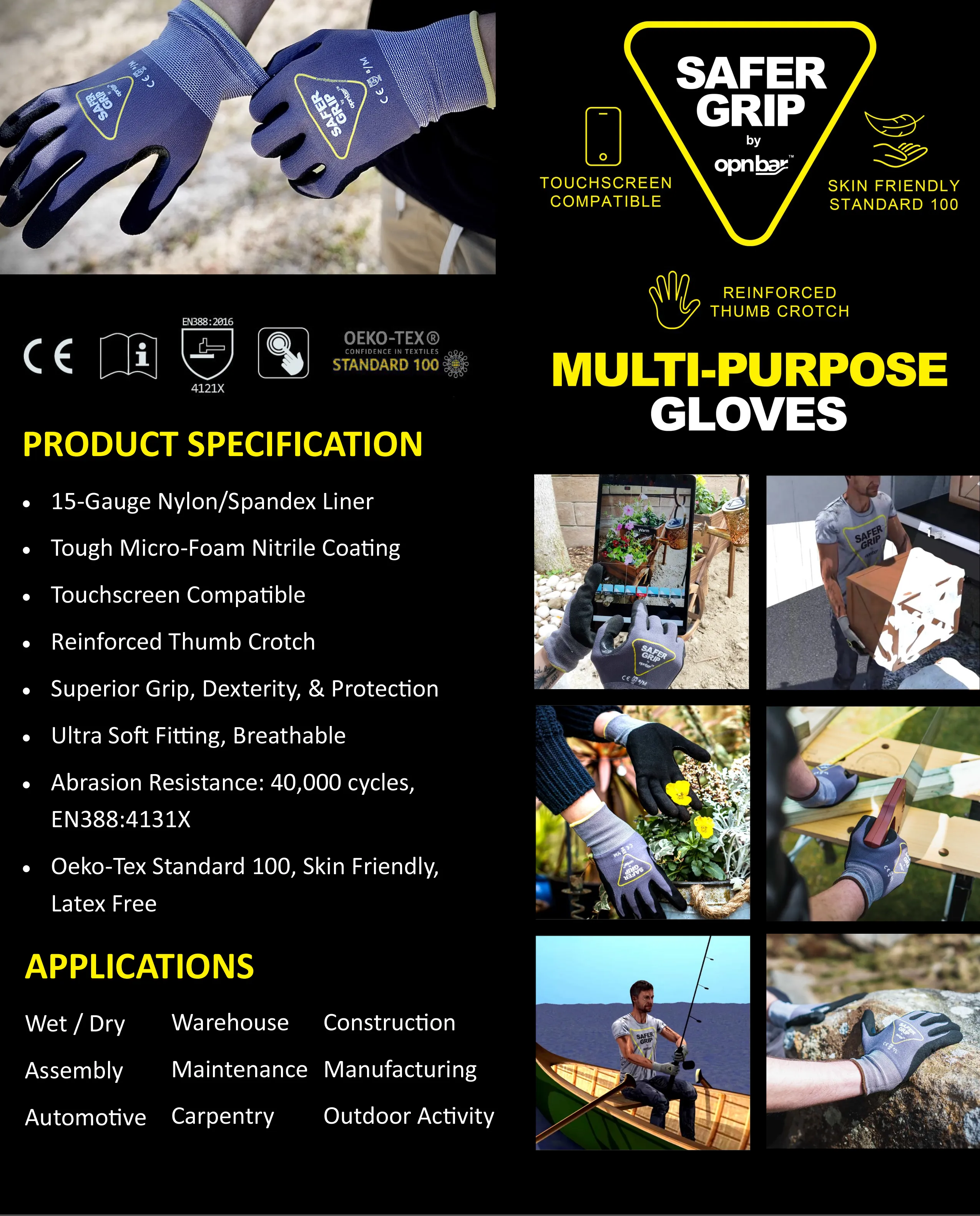 Roofing Gloves - Nitrile Coated Gloves with Touchscreen - Safer Grip by OPNBAR™ (2-Pack)