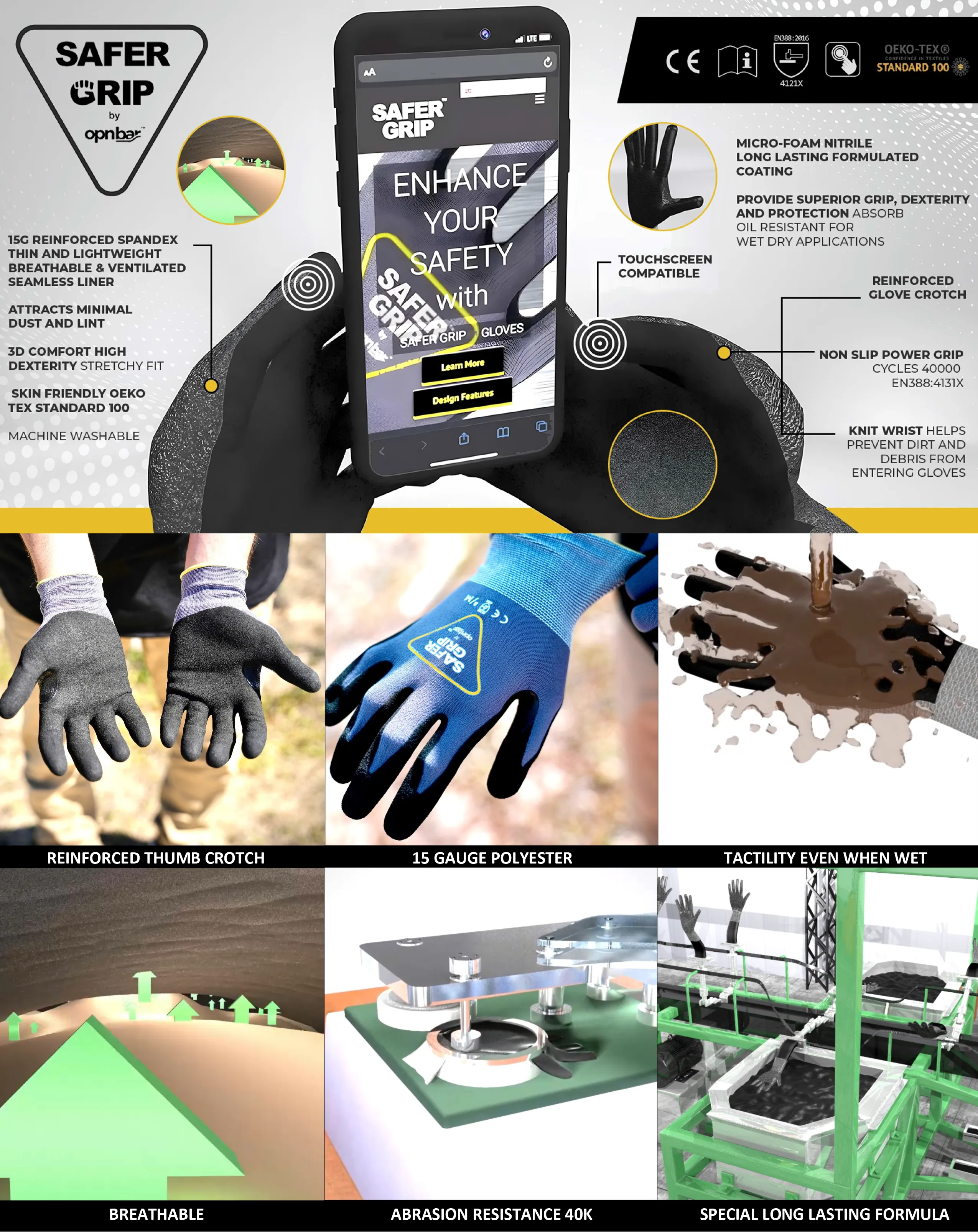 Roofing Gloves - Nitrile Coated Gloves with Touchscreen - Safer Grip by OPNBAR™ (2-Pack)