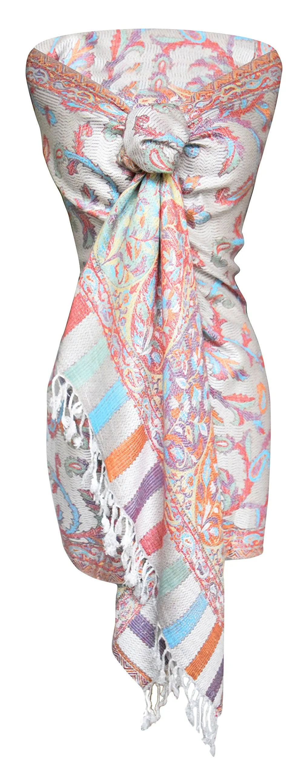 Vibrant Multicolored Colorful Rainbow Pastel Paisley Floral Fringe Pashmina Wrap Shawl (Lavender/White)