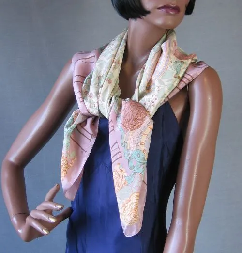 Women's Scarf Oscar De La Renta Vintage Silk Novelty Print Time Roses Square VFG